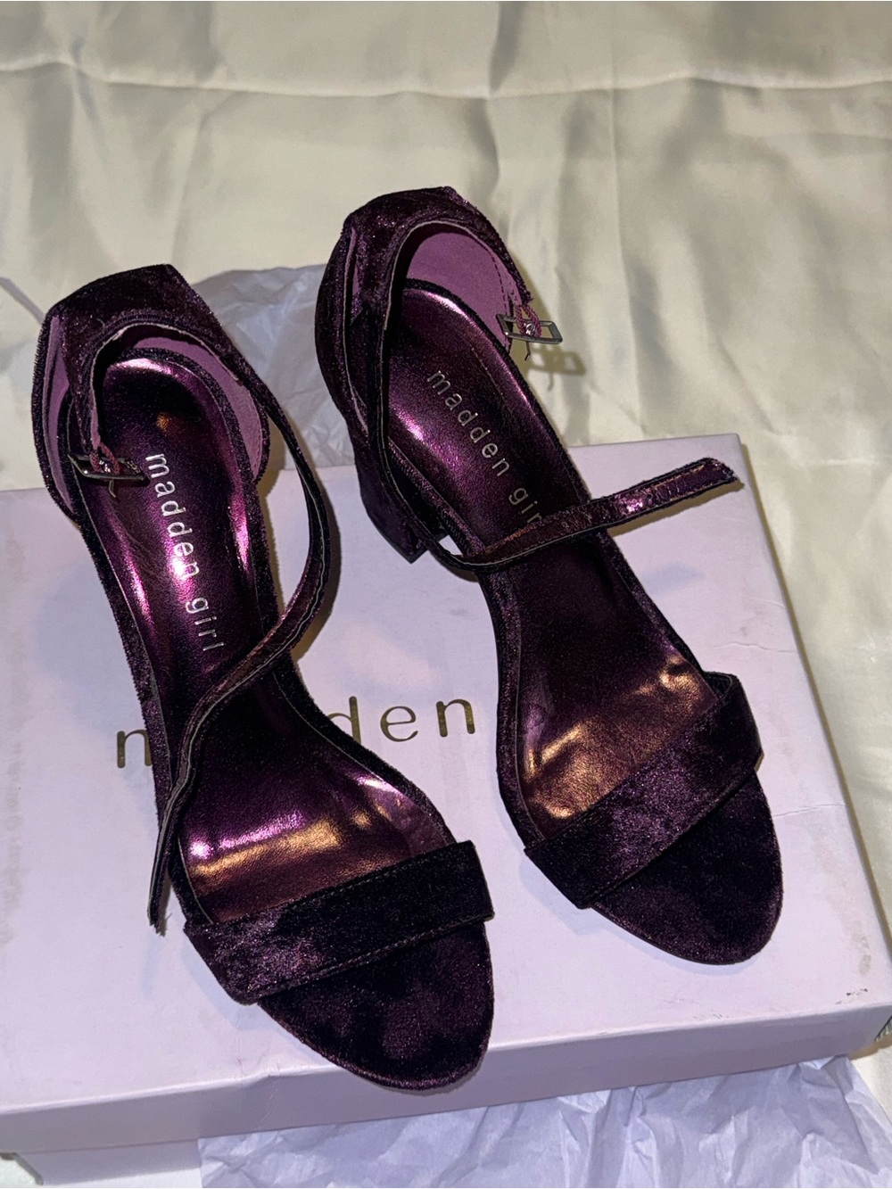 Madden Girl Metallic Plum Velvet Ankle-Strap Heels 💜